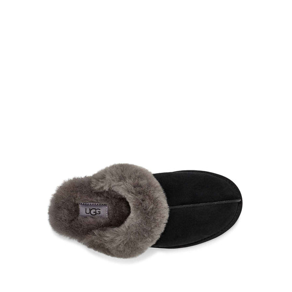 Top view of a single black UGG slipper with fluffy lining on a white background.