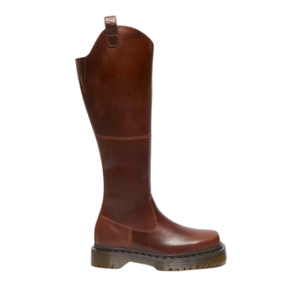 A single brown leather knee-high boot with a chunky sole, isolated on a white background.