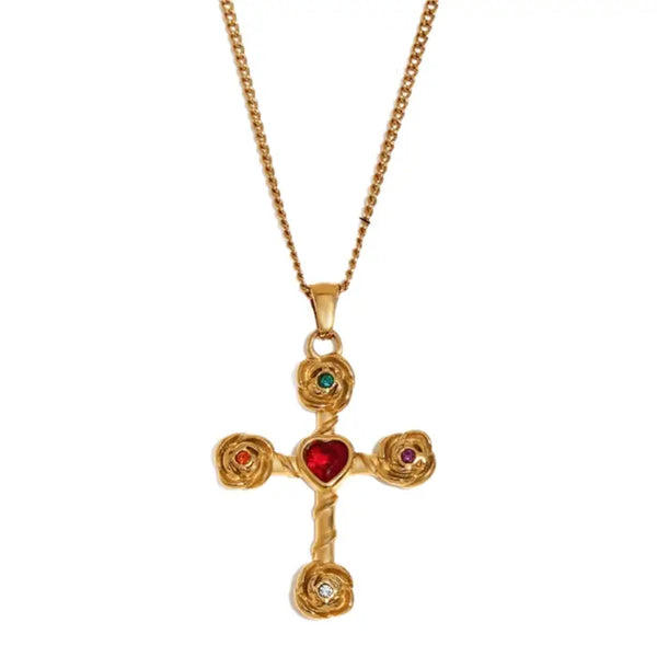 Dahlia Rose Cross Necklace Multi