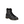 Black leather boot with fur lining and yellow stitching on a white background.