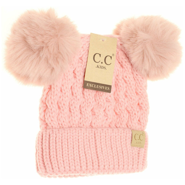 Kid's Cable Knit Double Pom Beanie