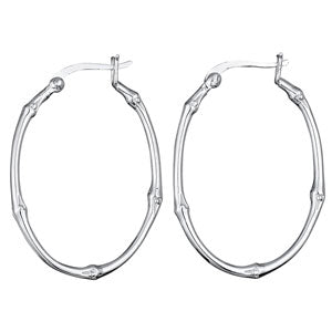 Pair of silver hoop earrings on a white background.