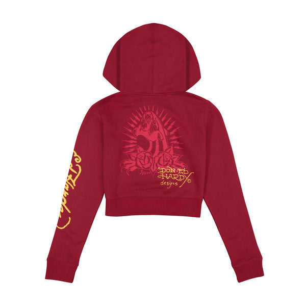 Red hoodie with a graphic print on the back and sleeve text, isolated on a white background.