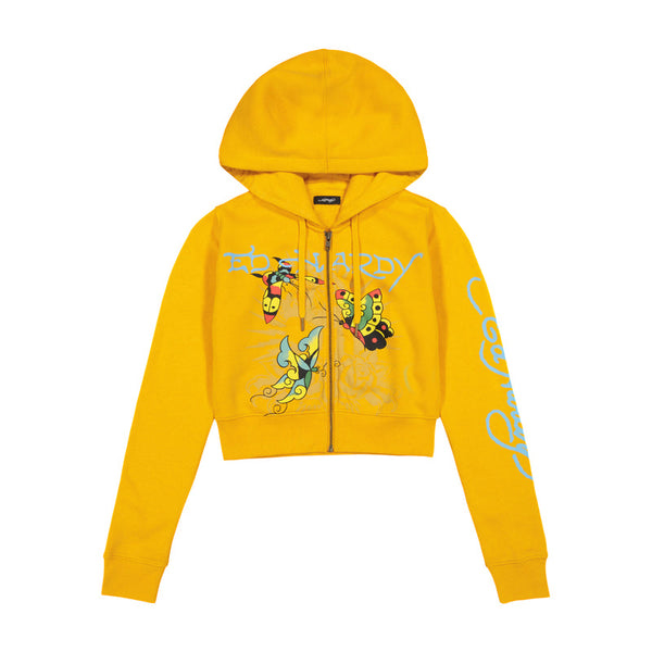 Yellow zip-up hoodie with graphic designs and text on the front and sleeve.