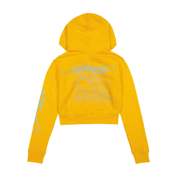 A yellow hoodie with graphic designs and text on the back.