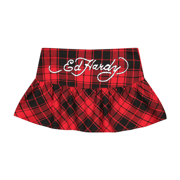 Red and black plaid mini skirt with white "Ed Hardy" logo on the waistband.