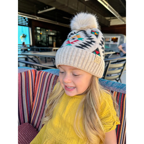 Kid's Aztec Fur Pom Beanie