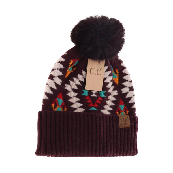 Aztec Patterned Fur Pom Beanie