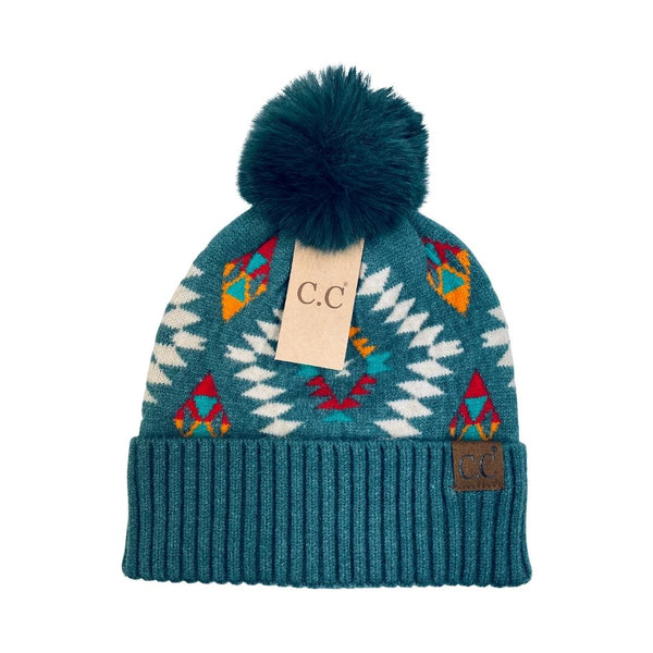 Aztec Patterned Fur Pom Beanie