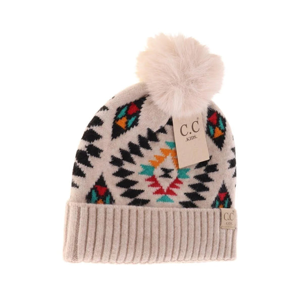 Kid's Aztec Fur Pom Beanie