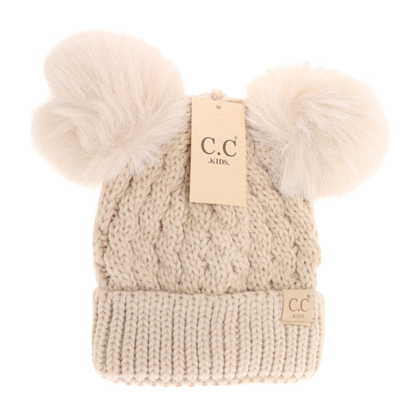 Kid's Cable Knit Double Pom Beanie