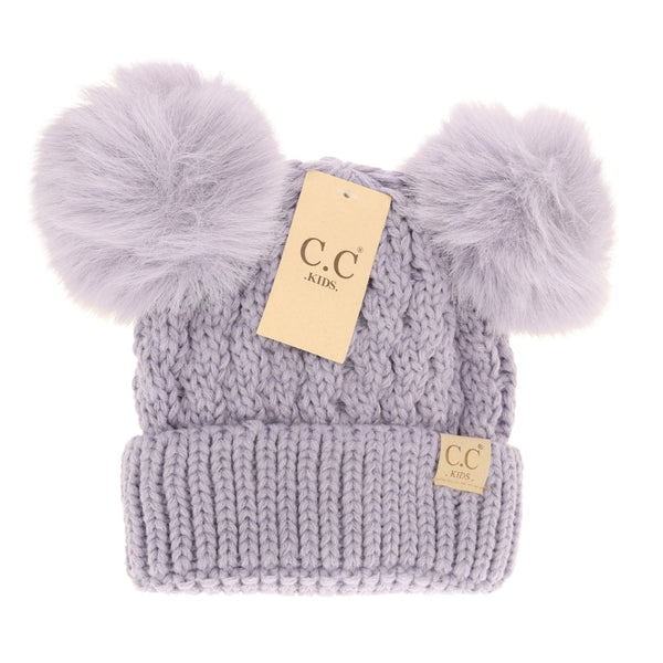 Kid's Cable Knit Double Pom Beanie