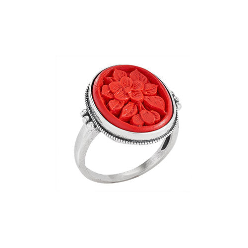 Red Oval Cinnabar Flower Ring