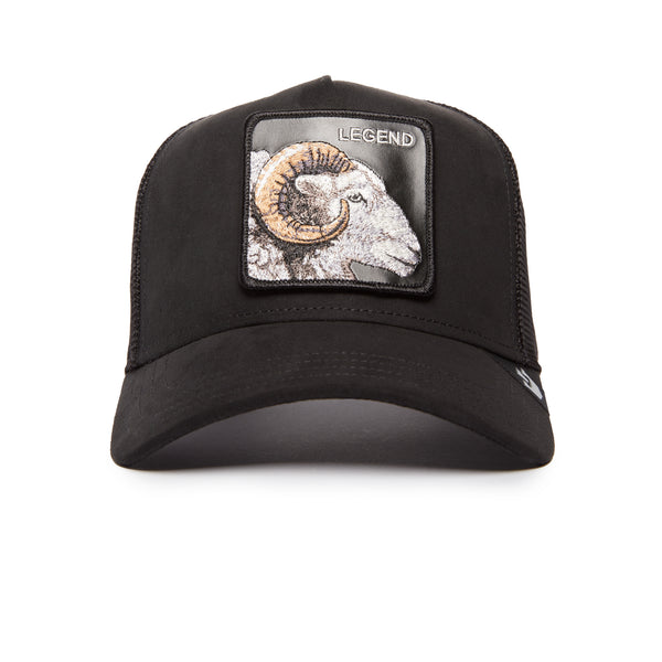 Black baseball cap with an embroidered patch featuring a ram's head and the word "LEGEND".