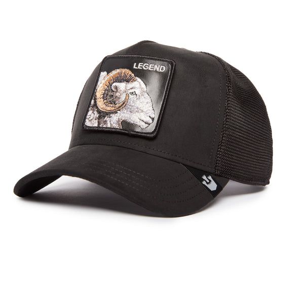 Black baseball cap with an embroidered patch featuring a ram's head and the word "LEGEND".