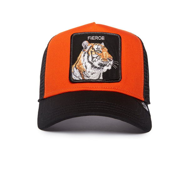 Orange and black trucker hat with an embroidered patch featuring a tiger and the word "FIERCE."