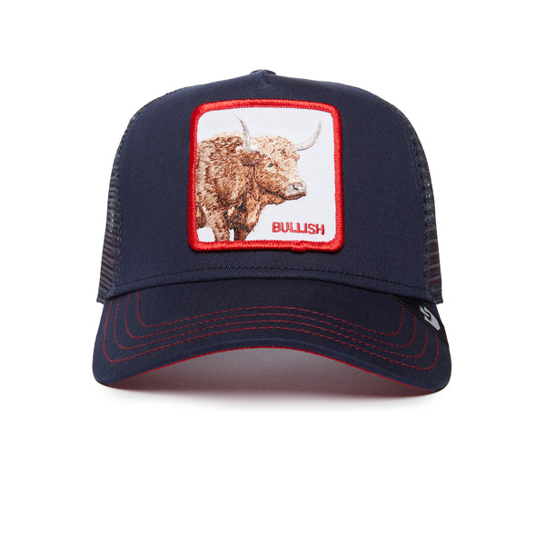 Navy blue cap with a patch depicting a bull and the word "BULLISH" embroidered on it.