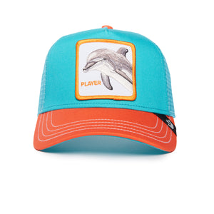 A teal and orange baseball cap with a dolphin patch and the word 