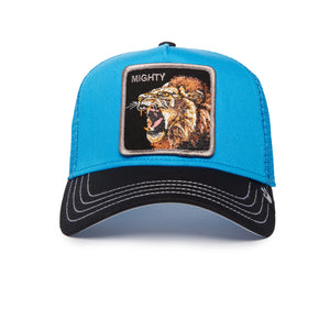 Blue and black baseball cap with embroidered roaring lion and the word 