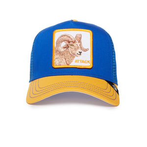 Blue and yellow trucker hat with a ram patch labeled 