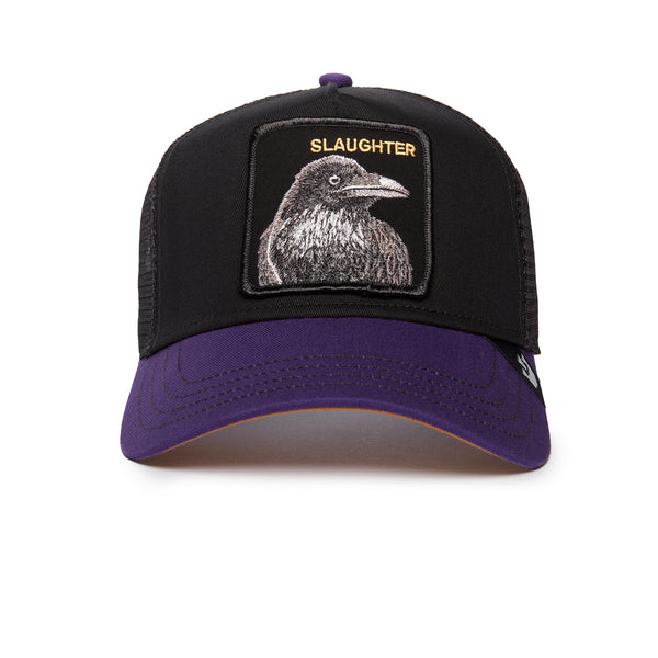 Black and purple trucker hat with a raven design and the word "SLAUGHTER" above it.