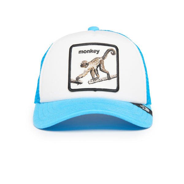 Blue and white cap with a monkey illustration on the front panel.