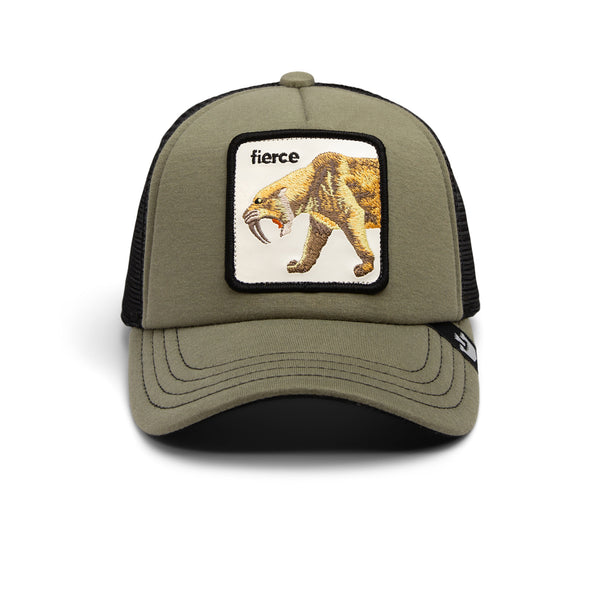 Olive green trucker cap with tiger patch and "fierce" text, mesh back, isolated on white.