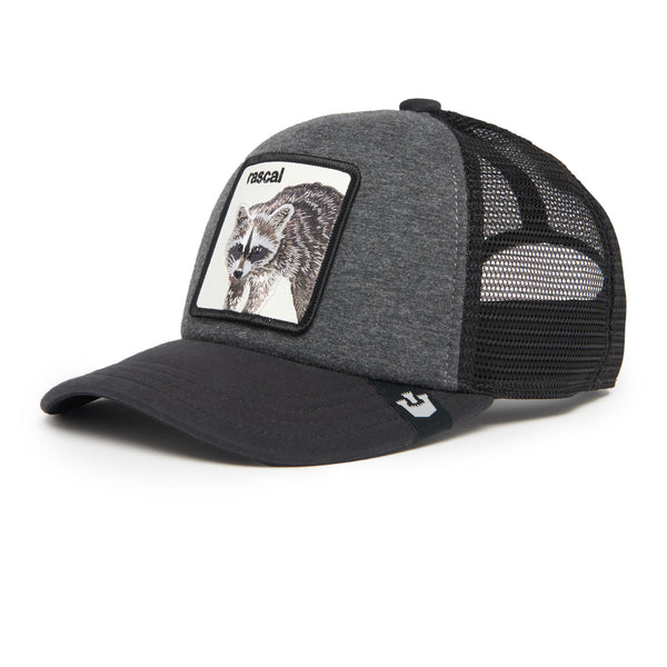 A gray and black baseball cap with a raccoon patch labeled 'rascal.'