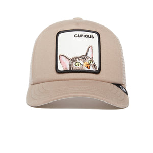 Beige baseball cap with a cat face patch that reads 