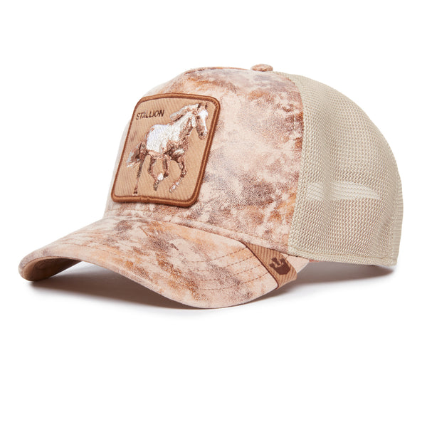 A copper distressed colored baseball cap with a horse patch emblem and the word "STALLION" on the front.