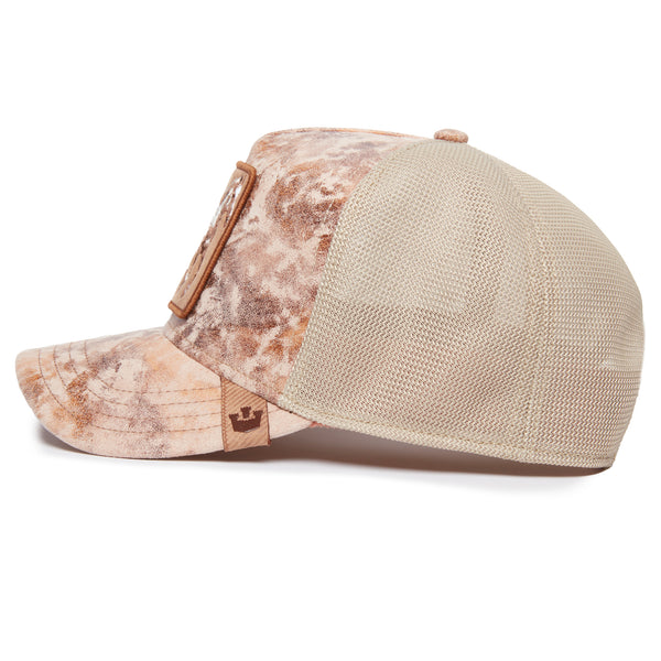 A copper distressed colored baseball cap with a horse patch emblem and the word "STALLION" on the front. Side view.