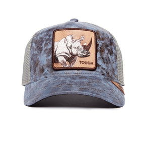 Baseball cap with a patch featuring a rhinoceros and the word 