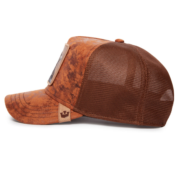 Brown trucker hat with a patch depicting a bird and "DANGER" text on white background.