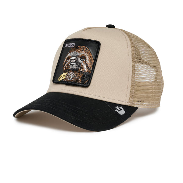 Beige and black cap with an embroidered patch of a sloth and the word "FADED" in grey.