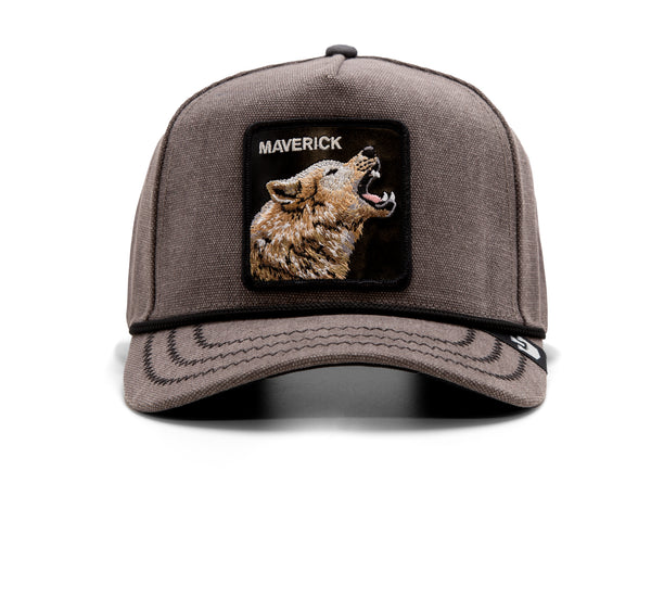 Brown baseball cap with embroidered wolf and "MAVERICK" text on a front patch.