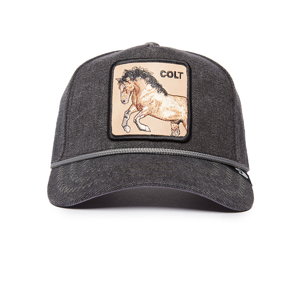 A black baseball cap with a patch depicting a horse and the word "COLT."