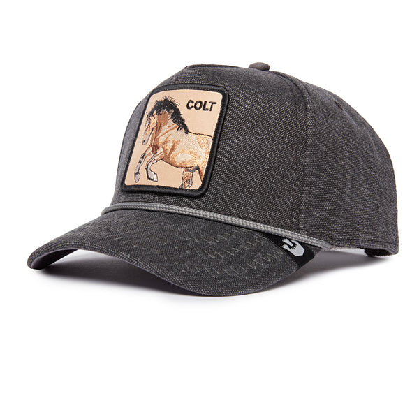 A black baseball cap with a patch depicting a horse and the word "COLT."