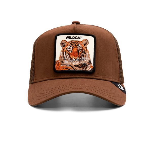 Brown trucker hat with embroidered tiger face and "WILDCAT" text on front patch.