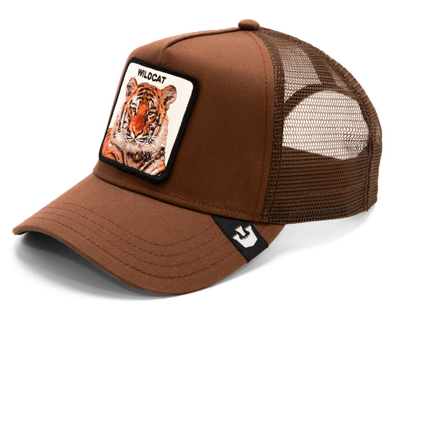 Brown trucker hat with embroidered tiger face and "WILDCAT" text on front patch.