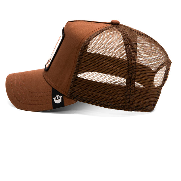 Brown trucker hat with embroidered tiger face and "WILDCAT" text on front patch.