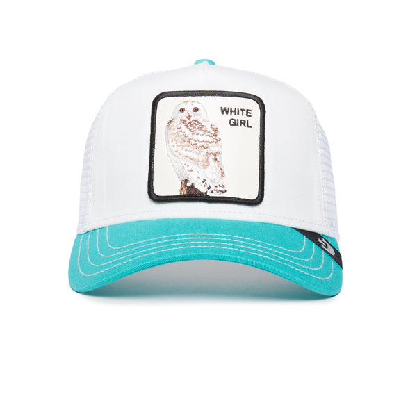 White and turquoise cap with an owl patch labeled "WHITE GIRL".