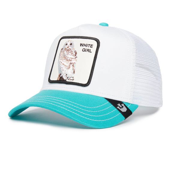 White and turquoise cap with an owl patch labeled "WHITE GIRL".