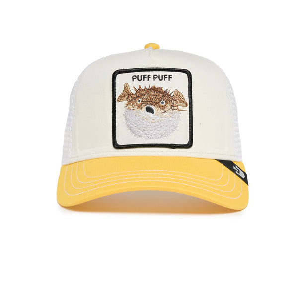 White and yellow baseball cap with embroidered patch reading "PUFF PUFF" featuring a pufferfish.