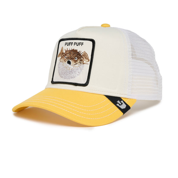 White and yellow baseball cap with embroidered patch reading "PUFF PUFF" featuring a pufferfish.