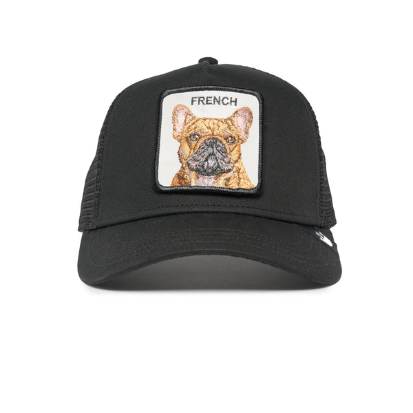 Black baseball cap with embroidered French Bulldog patch on the front.