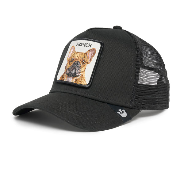 Black baseball cap with embroidered French Bulldog patch on the front.