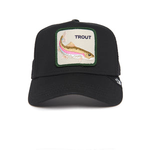 Black baseball cap with an embroidered trout patch on the front.